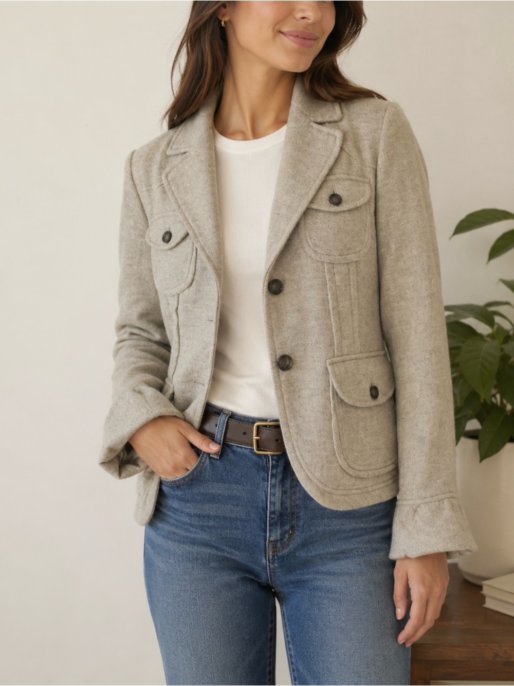 Banana Republic Women's Light Gray Wool Pocket Blazer